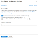 Overview of the Configure Desktop + devices window. The login.microsoftonline.com reply URL is the first one in the list.