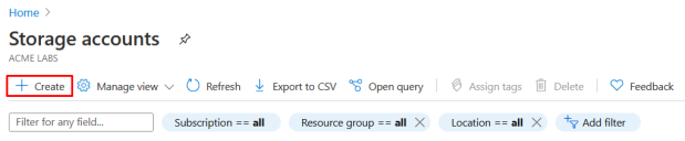 Storage accounts window in Azure portal. Create button is the first one in the toolbar.