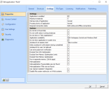 Edit application window of a normal application. Side menu, Properties, Settings tab overview.
