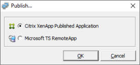 Publish window with the following option selected: Citrix XenApp Published Application.
