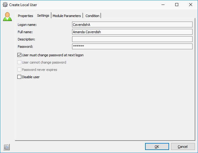 Create Local User task, fields filled with actual data