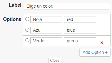 A radio element with 3 options labeled Roja, Azul, and Verde. The values for the options are red, blue, and green.